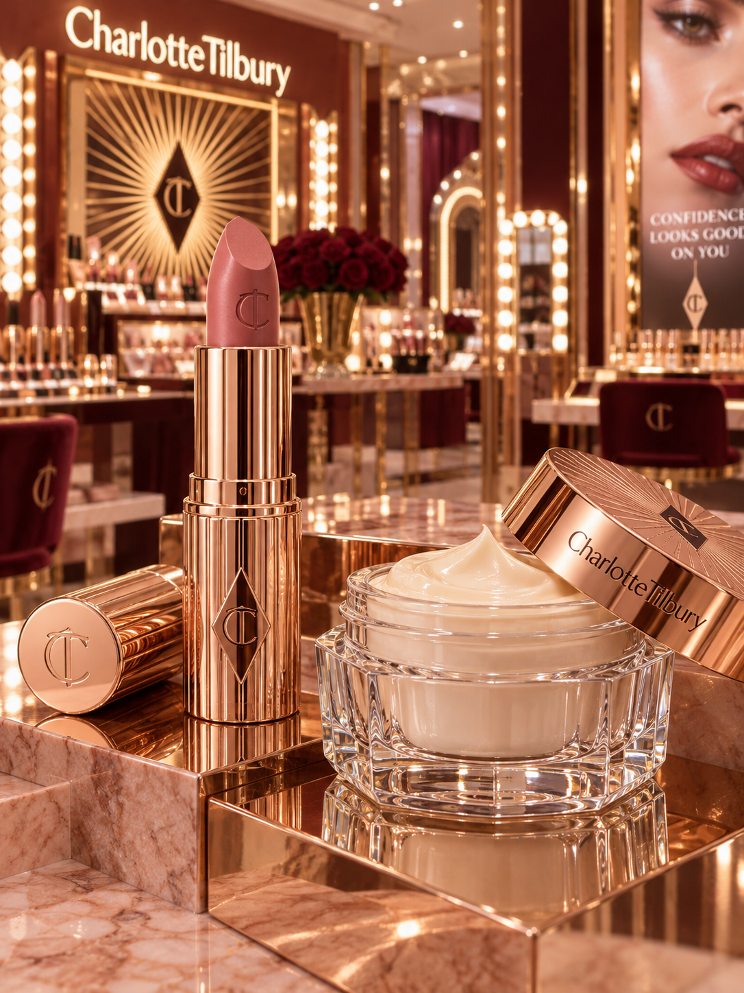 Charlotte Tilbury Pillow Talk lipstick and Magic Cream against the gold art deco Beauty Wonderland store backdrop