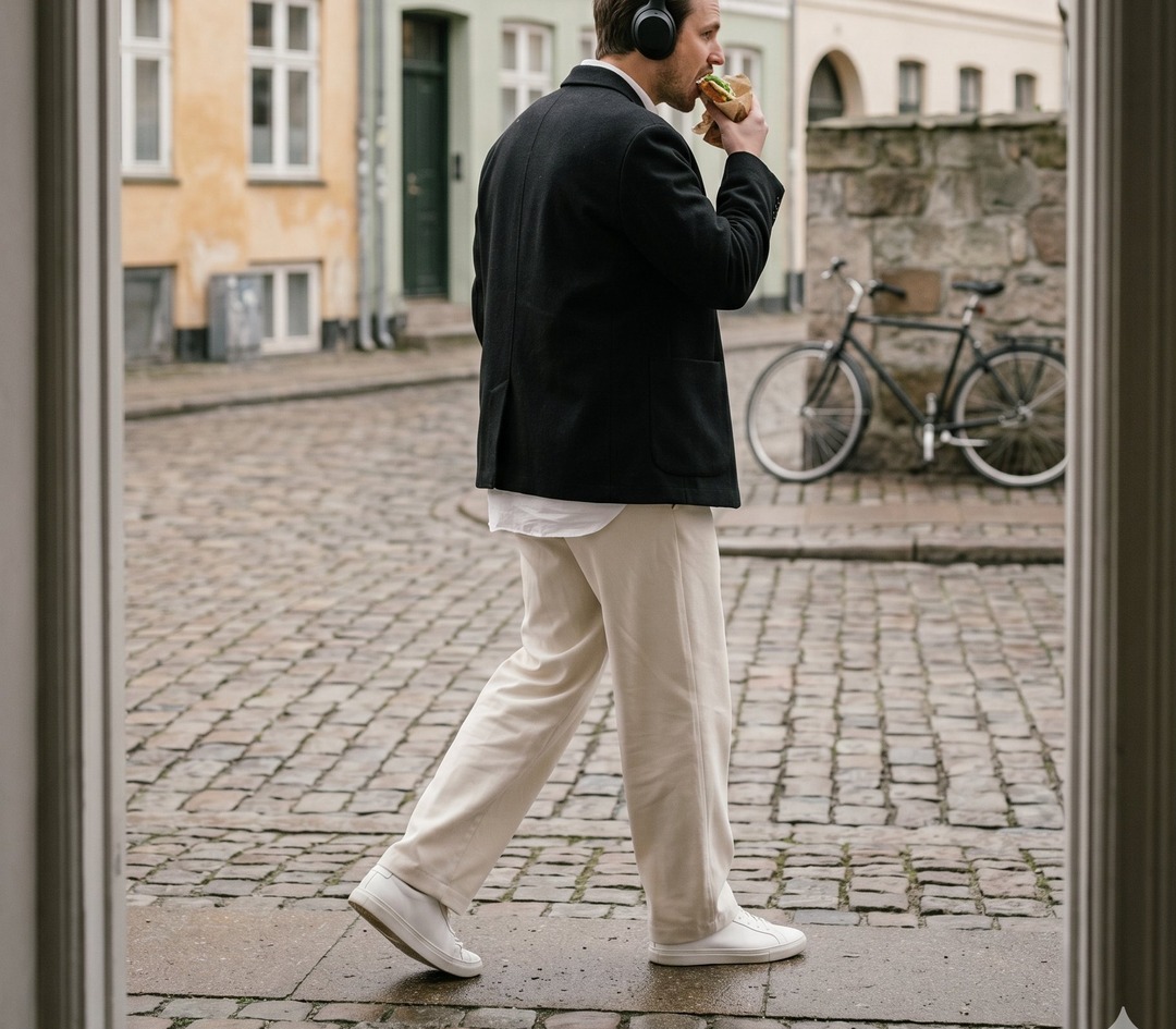 A man in a charcoal unstructured blazer, untucked white shirt, cream wide-leg trousers, white sneakers, and over-ear headphones, walking through a quiet Copenhagen residential street while eating a paper-wrapped sandwich