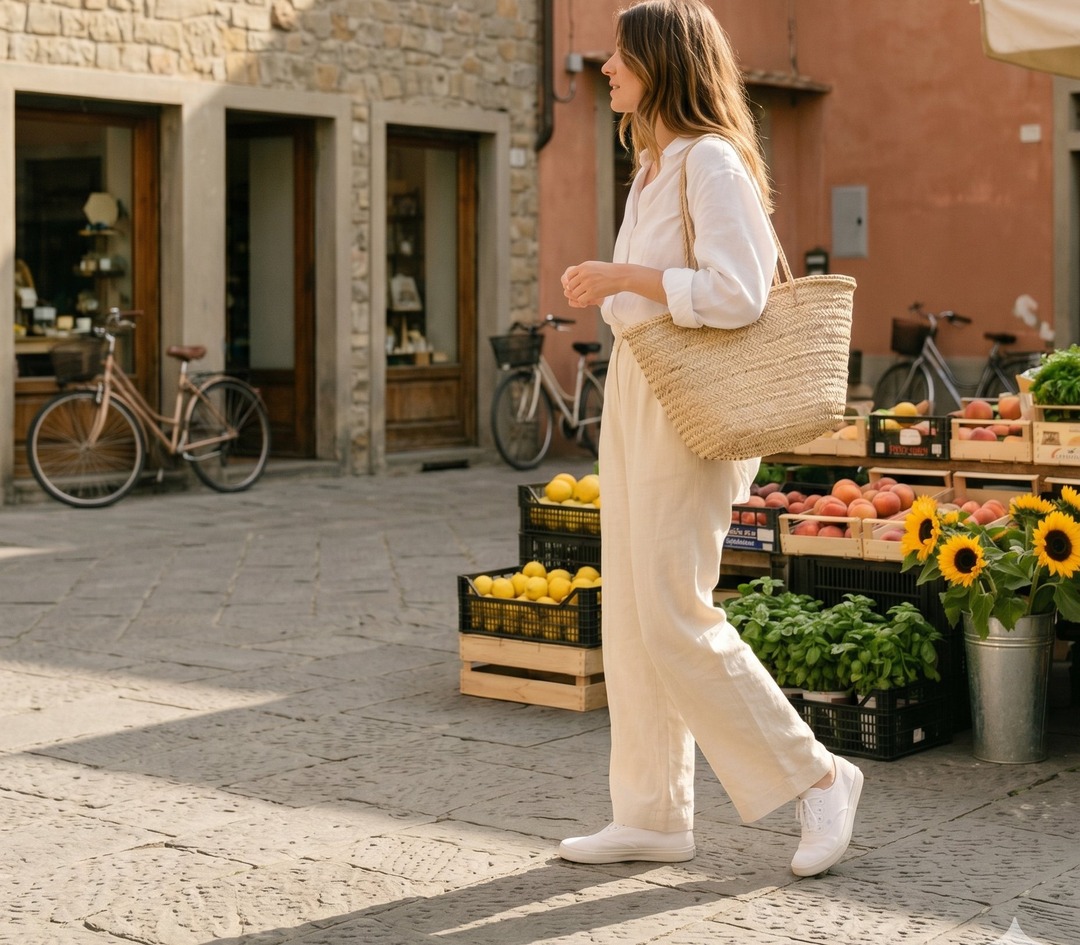 A woman in cream linen and white canvas sneakers walks past a sunlit Italian neighbourhood market, with crates of lemons and peaches and sunflowers in the background