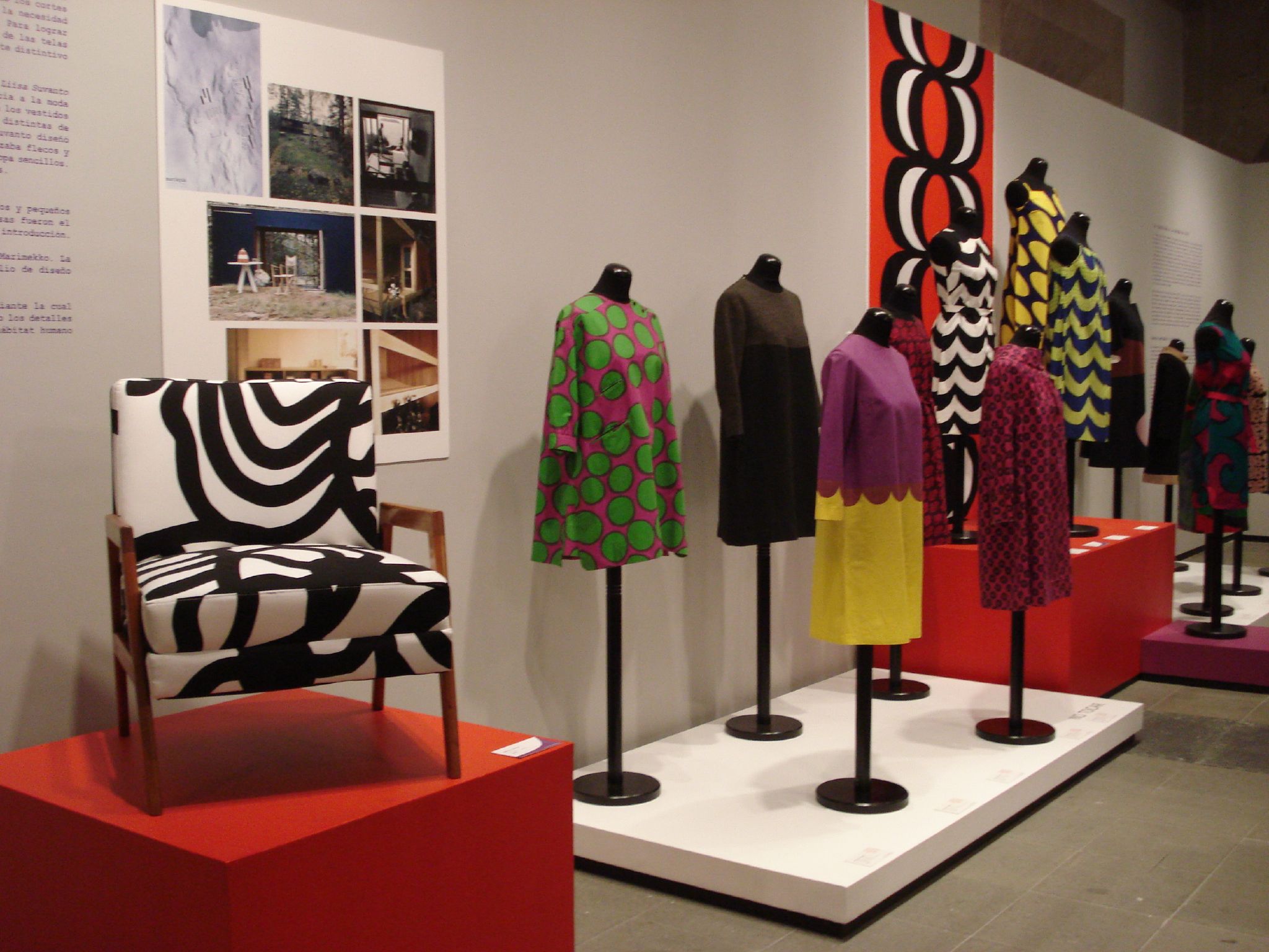Vintage 1960s–70s Marimekko garments on display, showing the brand's bold signature prints